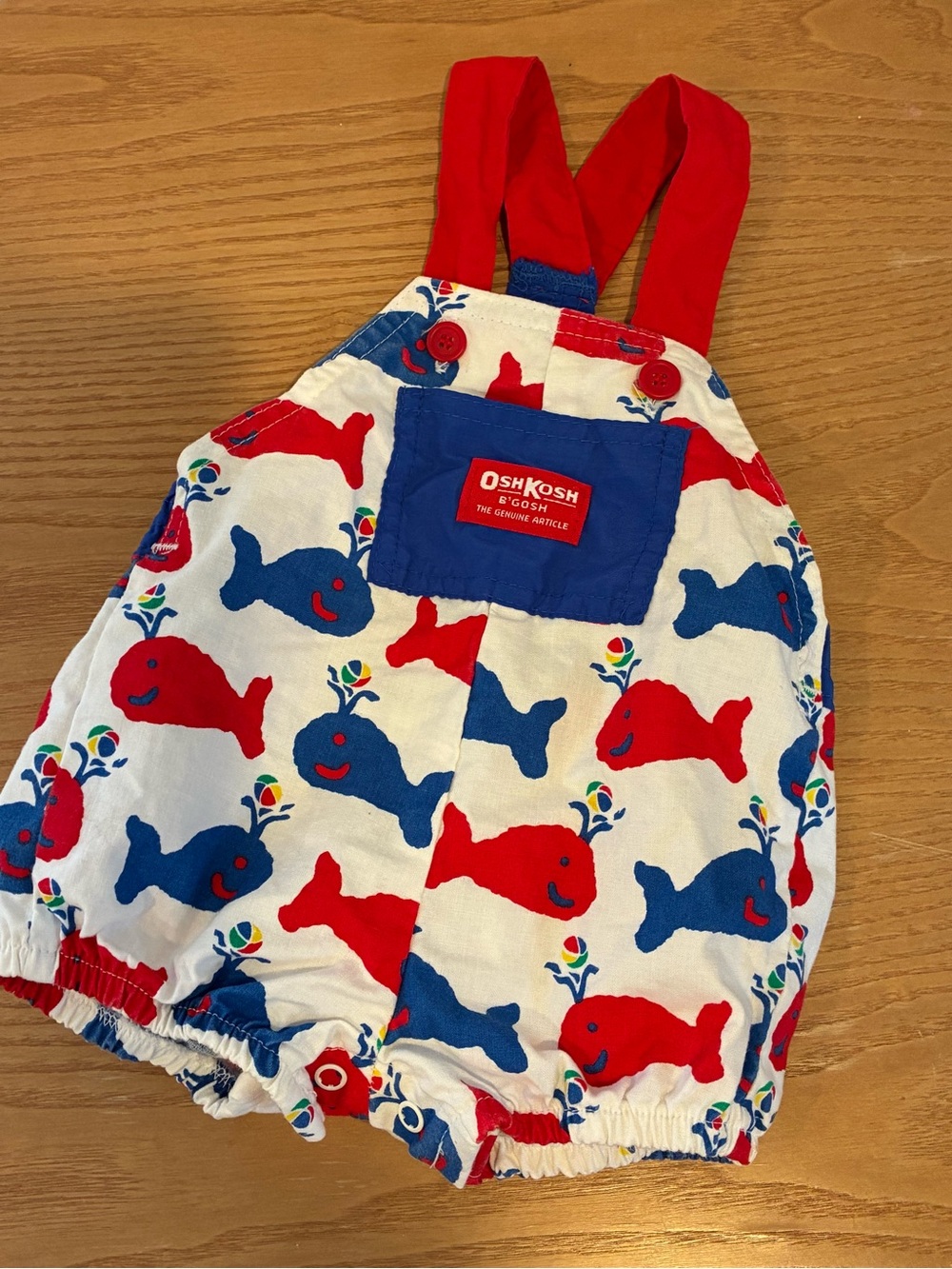 OshKosh B'gosh Baby Overalls 6-9 Months Whale Print Red Blue White Vintage